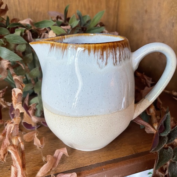 Pottery Pitcher with Handle Light Blue Brown Drip Glaze Mini 4" Pitcher 12oz New - Picture 1 of 16